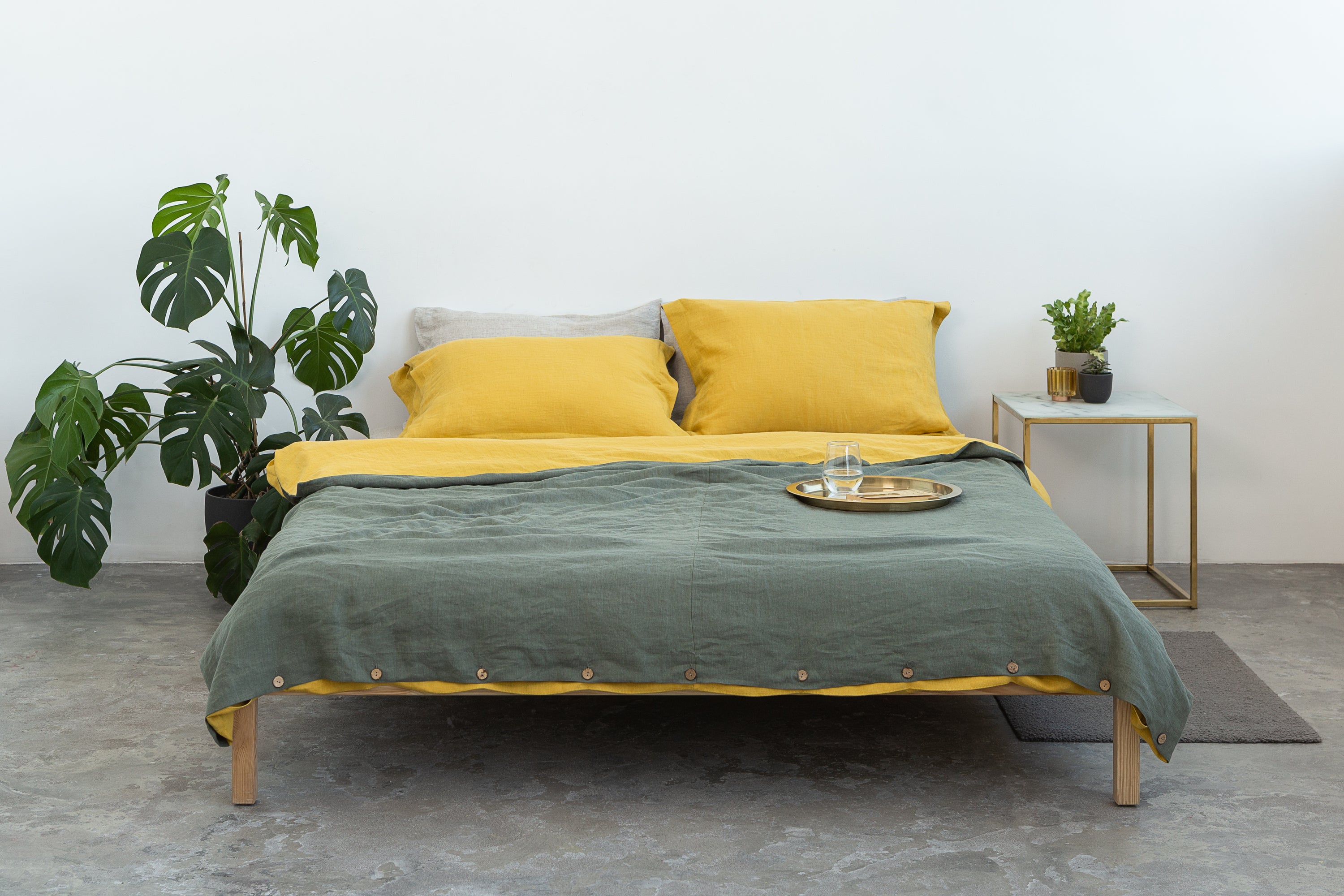Oboustranné lněné povlečení Honey & Safari Green