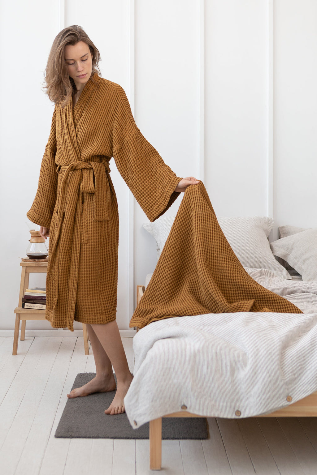 Set lněných vaflových županů s ručníky – luxusní wellness set pro dva