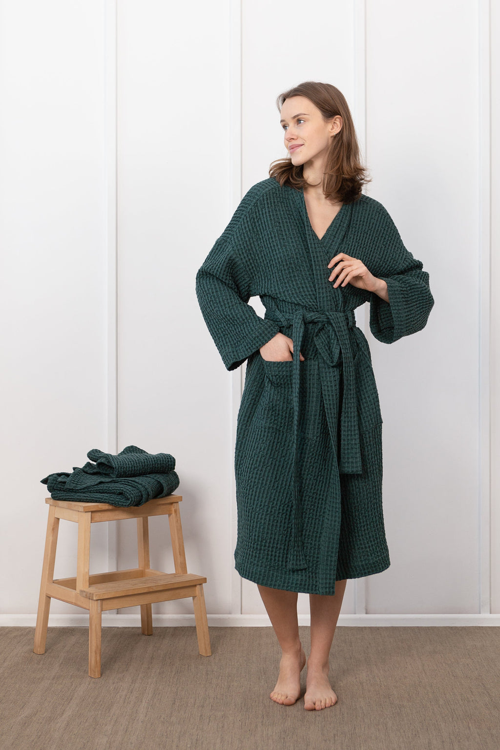 Set lněných vaflových županů s ručníky – luxusní wellness set pro dva