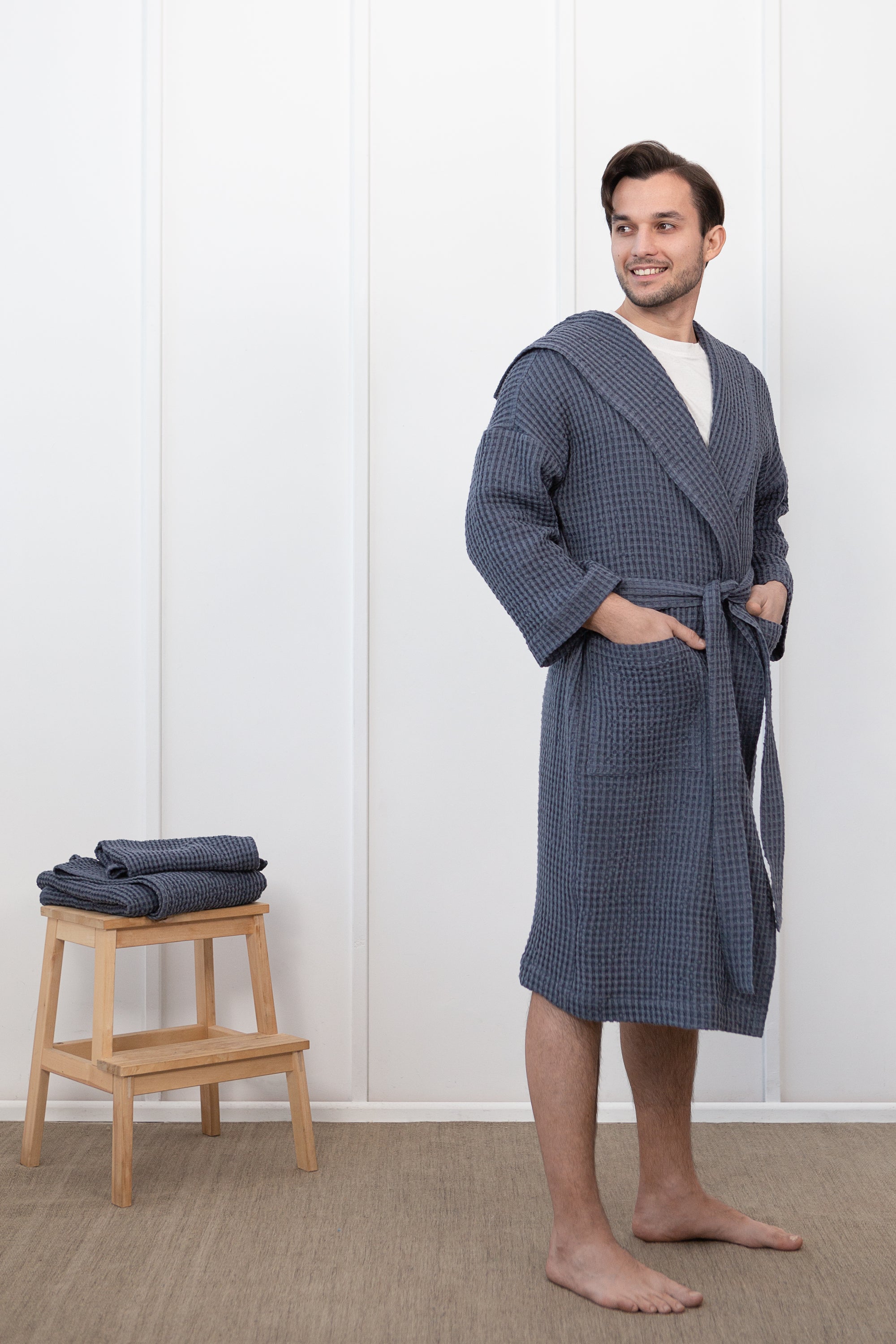 Lněný vaflový župan s kapucí – Asphalt Grey