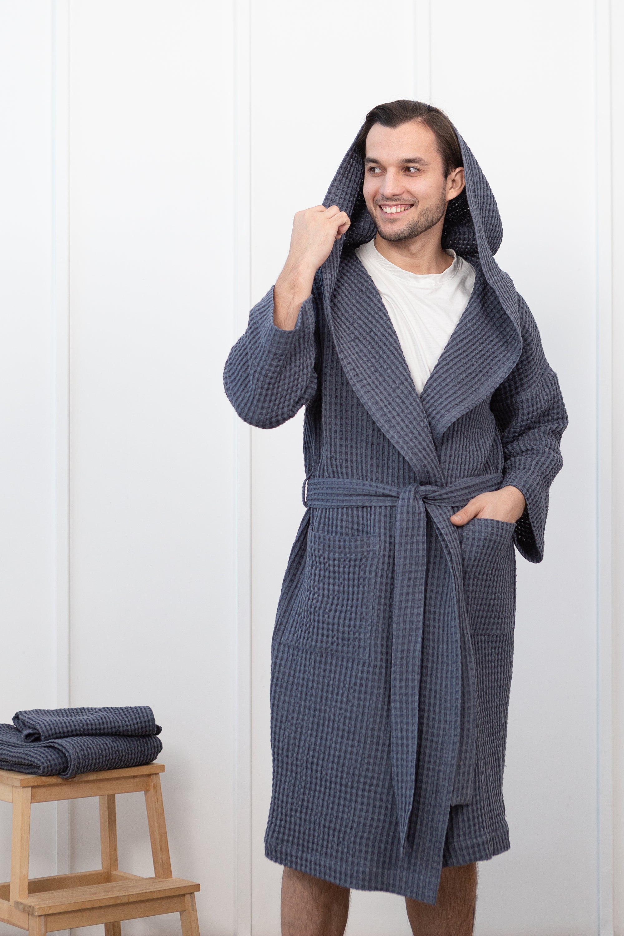 Pánský lněný vaflový župan s kapucí – Asphalt Grey