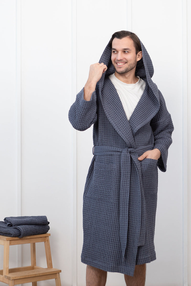 Pánský lněný vaflový župan s kapucí – Asphalt Grey