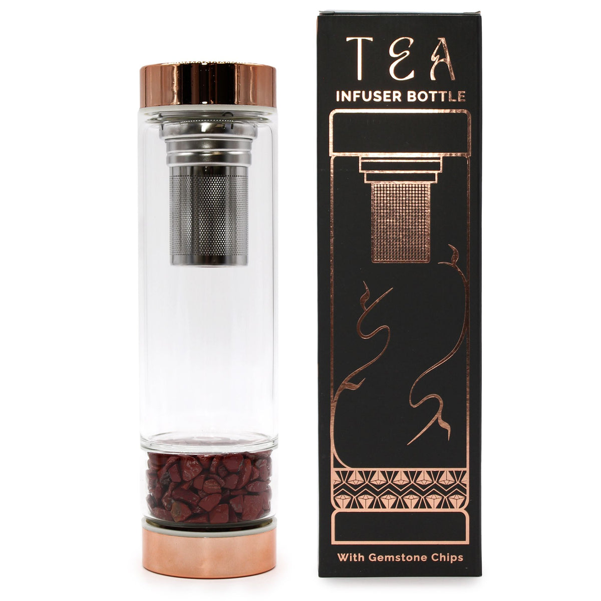 Infuzní láhev na čaj z křišťálového skla se sítkem – Rose Gold – Červený jaspis