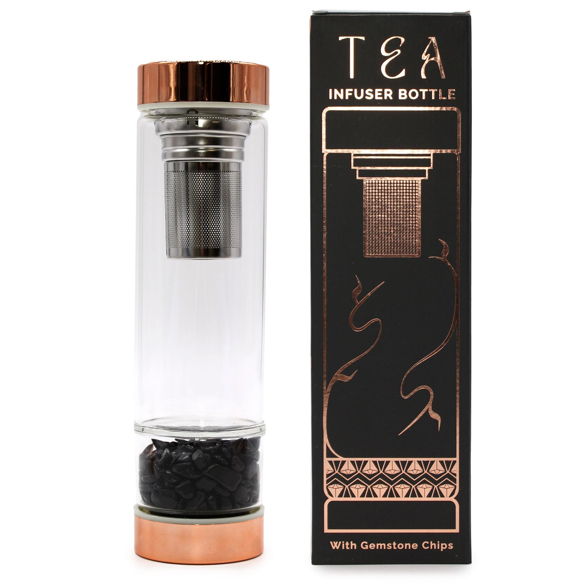 Infuzní láhev na čaj z křišťálového skla se sítkem – Rose Gold – Černý onyx