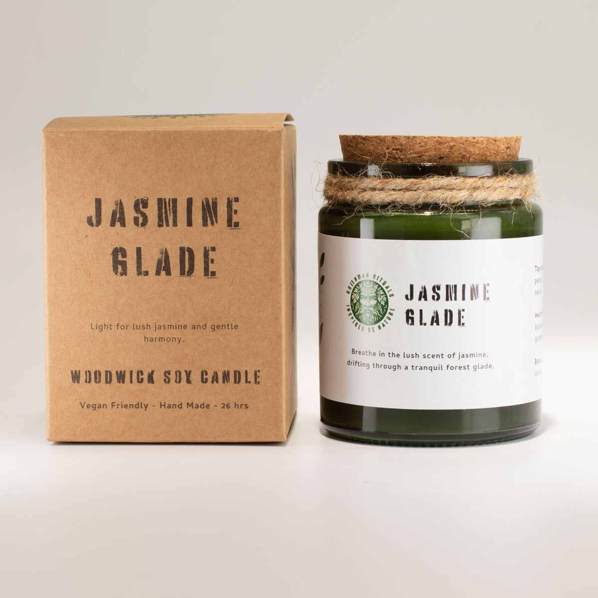 Jasmínová sójová svíčka s praskajícím dřevěným knotem – Greenman Jasmine Glade | 26 hodin