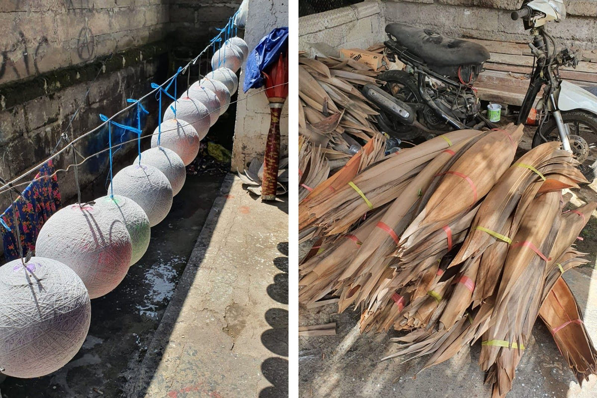 Přírodní designová lampa z kokosového listu, ručně vyráběná na Bali