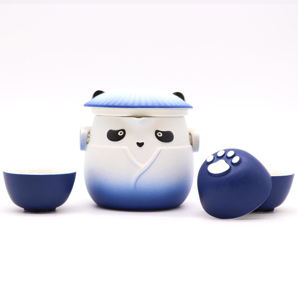 Čajový set Panda – konvička a 3 šálky, světle modrý