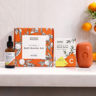Dárková kosmetická sada s vitamínem C – Brightening Boost Bundle | Sérum, koupelové bomby a mýdlo
