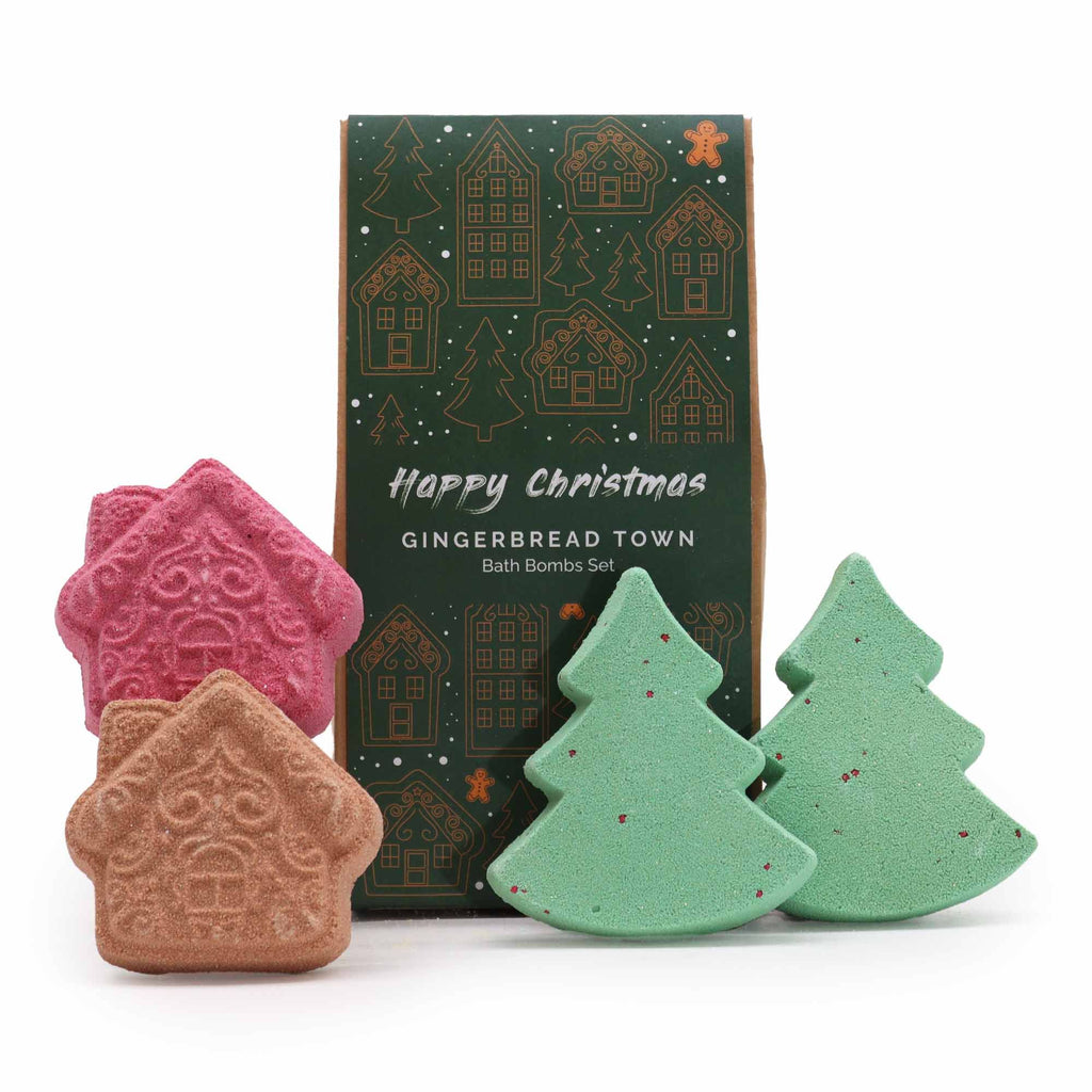 Vánoční dárková sada šumivých bomb do koupele Gingerbread Town – 4 ks