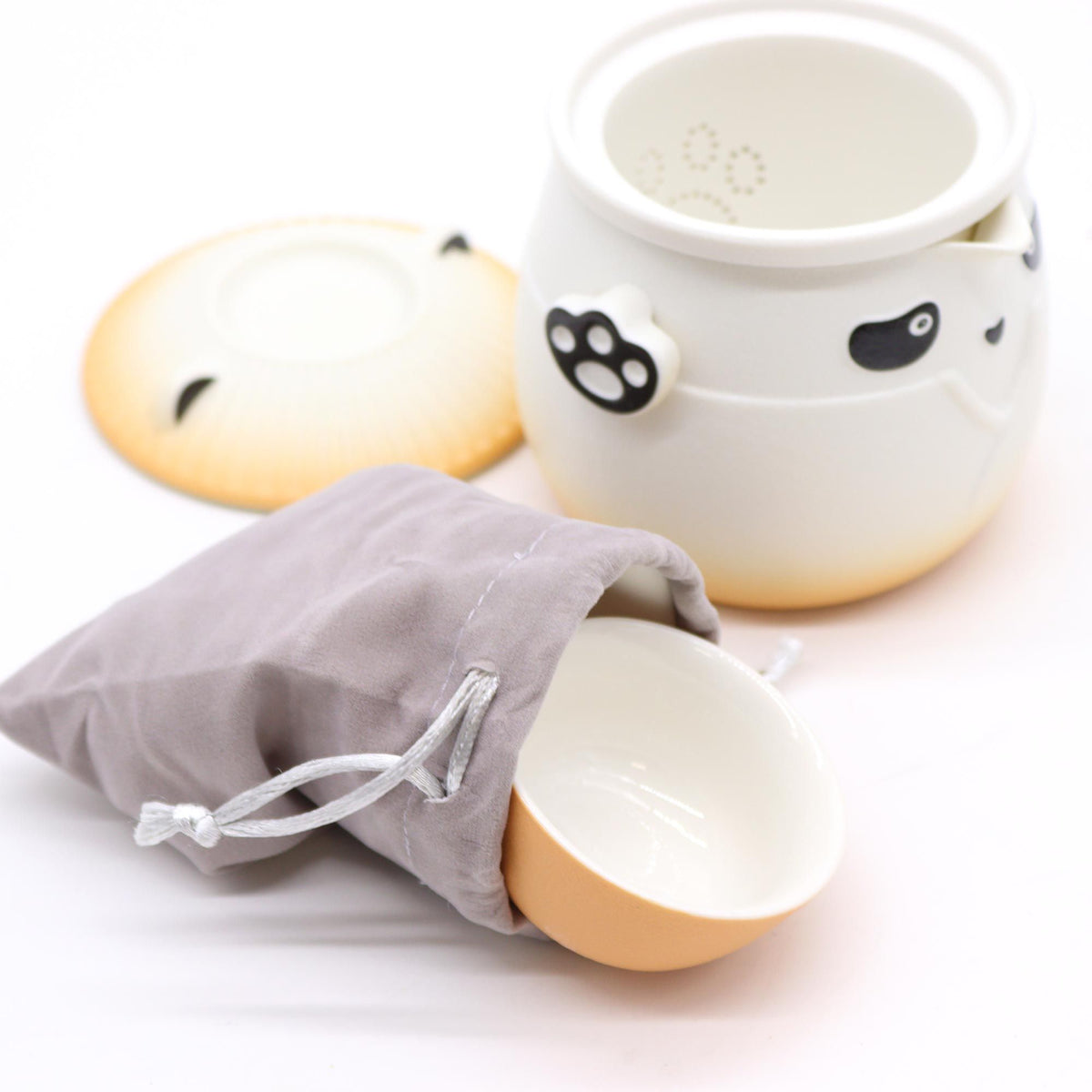 Čajový set Panda – konvička a 3 šálky, oranžový