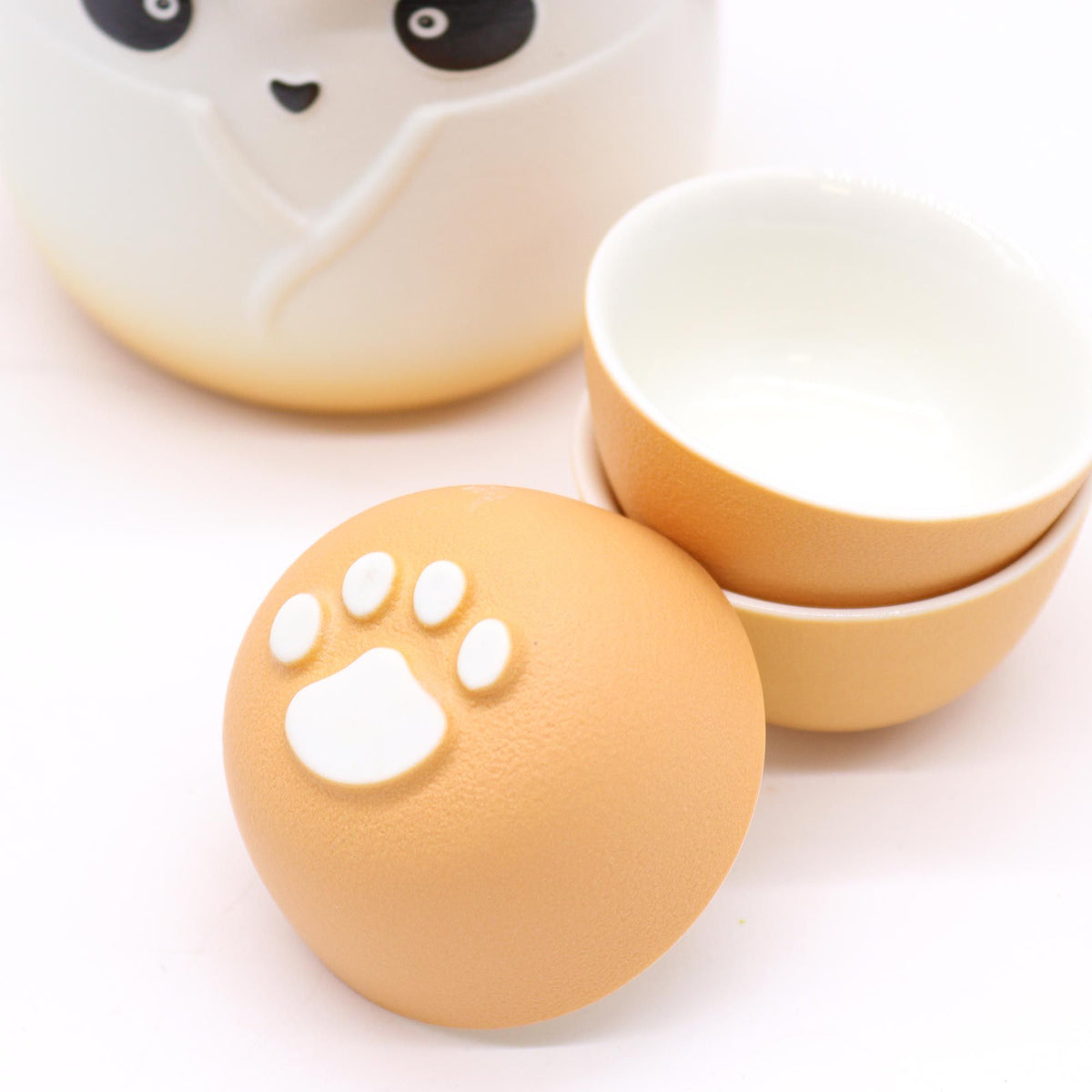 Čajový set Panda – konvička a 3 šálky, oranžový