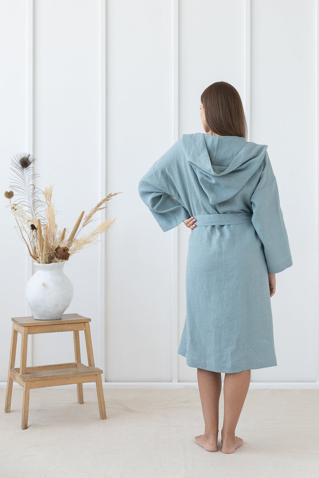 Lněný župan s kapucí Greyish Mint – lehkost, pohodlí a přírodní elegance