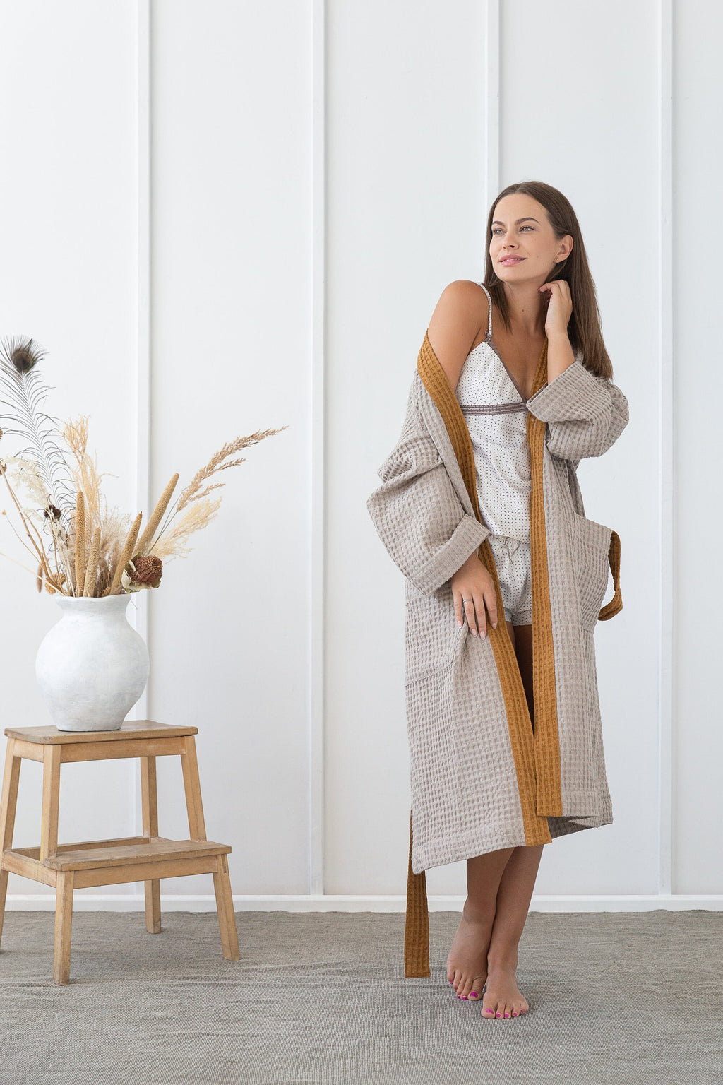Lněný vaflový župan Natural & Amber – elegantní dvoubarevný wellness sty