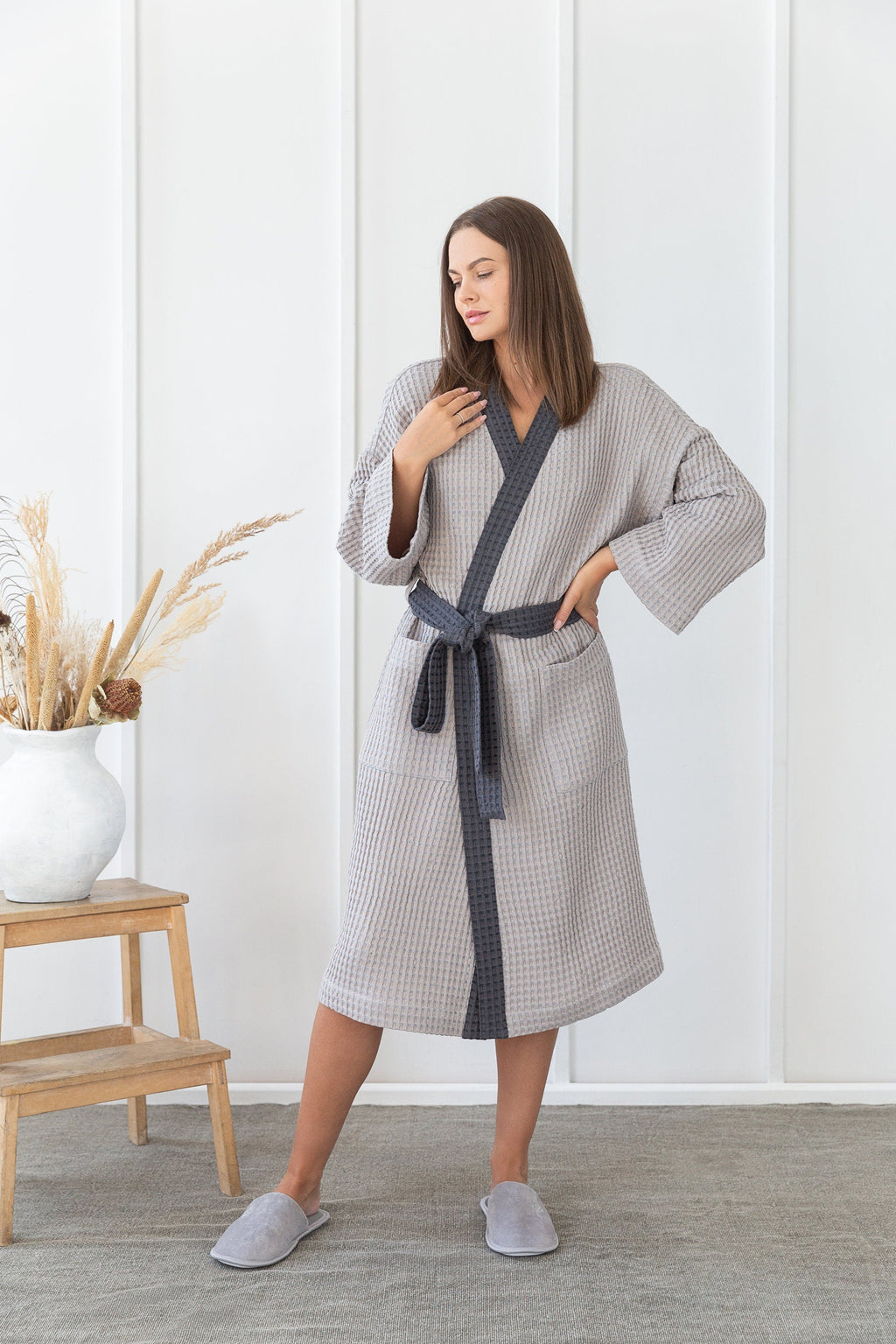 Lněný vaflový župan Light Grey & Grey – elegantní dvoubarevný wellness styl